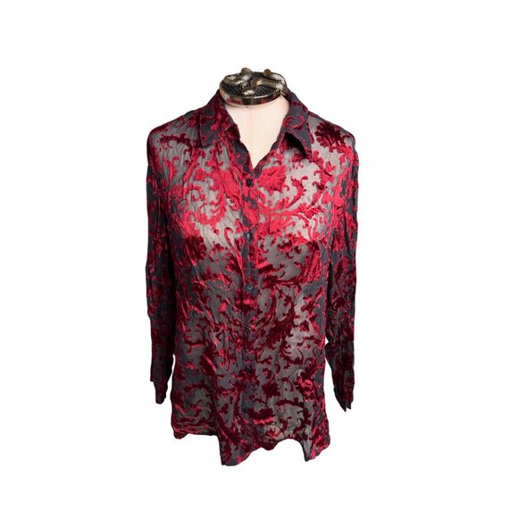 VTG Chicos Silk Velvet Burnout Top Blouse Tunic Sheer Lg Whimsigoth grunge Y2K - Picture 12 of 16